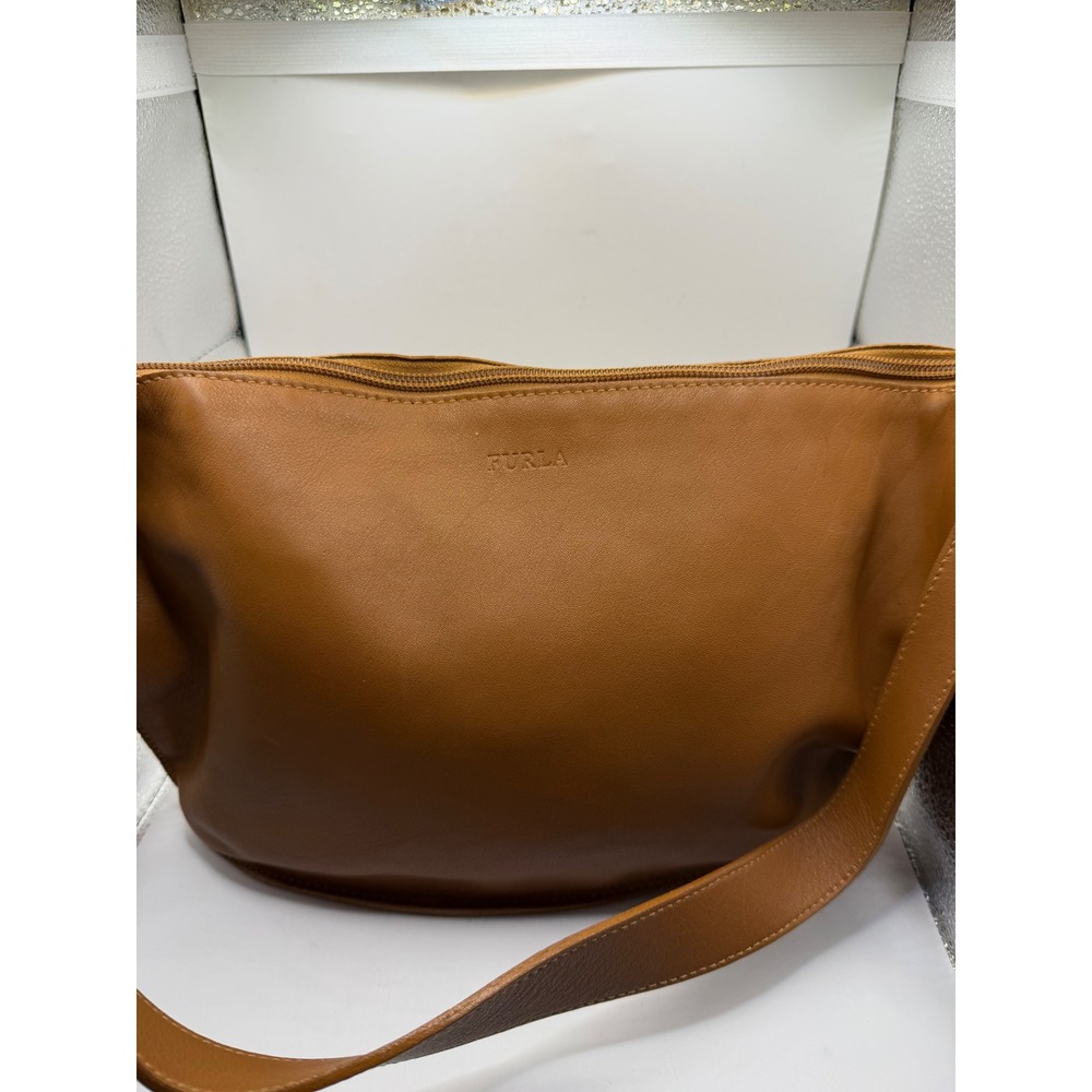 Furla Cognac Brown Leather Hobo Shoulder Bag Made in Italy Minimalist Zip Top